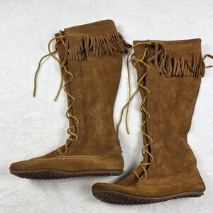 Minnetonka Front Lace Knee High Boots Womens 7 Brown Suede Fringe Excellent 1428